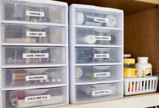 Medicines kept in labelled plastic containers